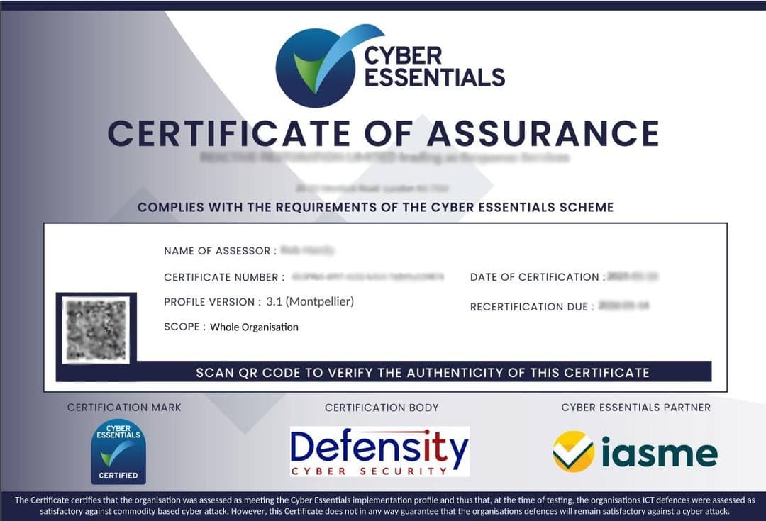 Cyber Essentials certificate
