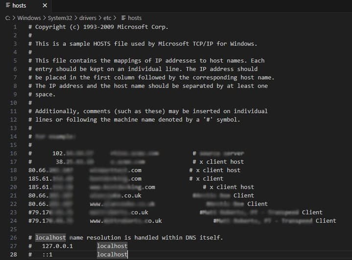 Hosts file showing DNS edits