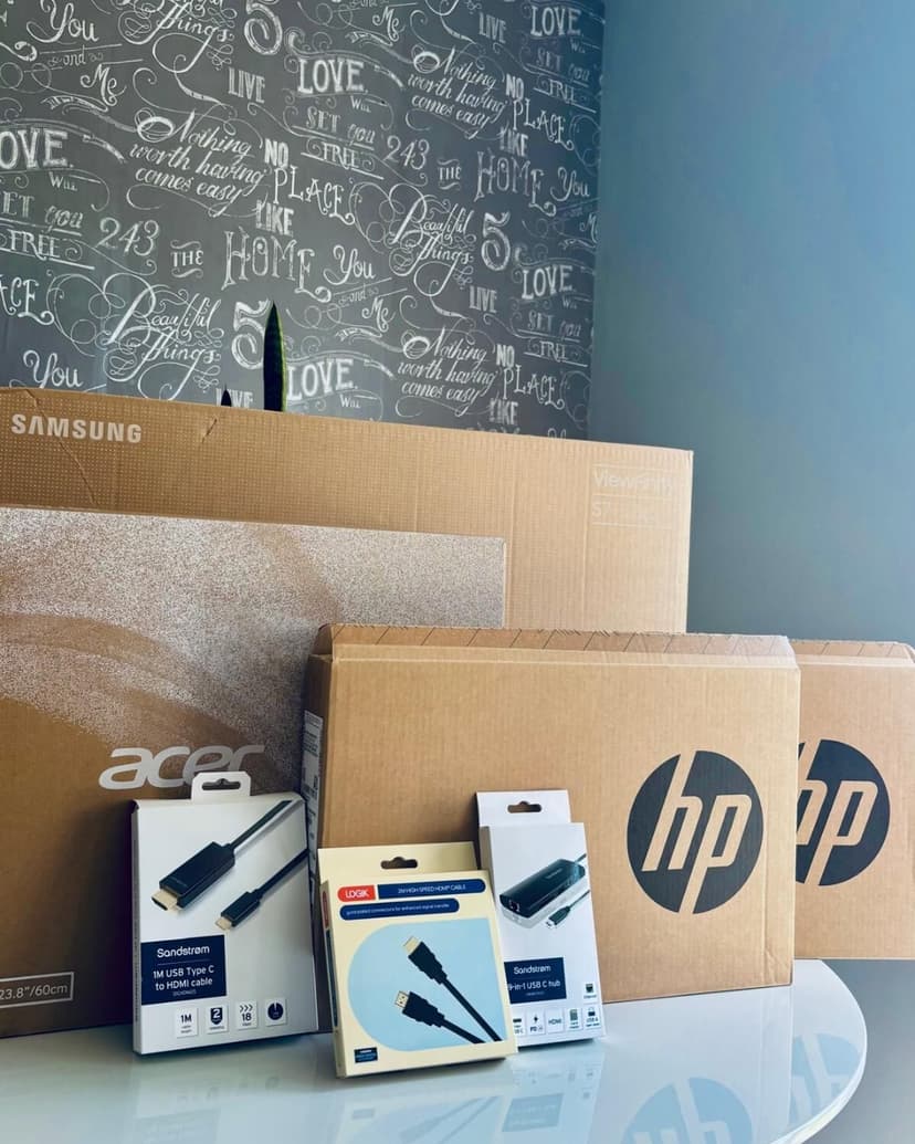 Laptops, monitors and accessories ready for installation