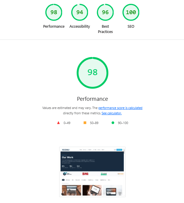 Lighthouse report showing 100 scores across Performance, Accessibility, Best Practices and SEO